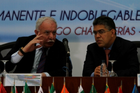 Les ministres des affaires étrangères de l'État de Palestine et de la République bolivarienne du Venezuela, Riad Malki et Elías Jaua, réunis à Caracas, le 17 avril 2013.